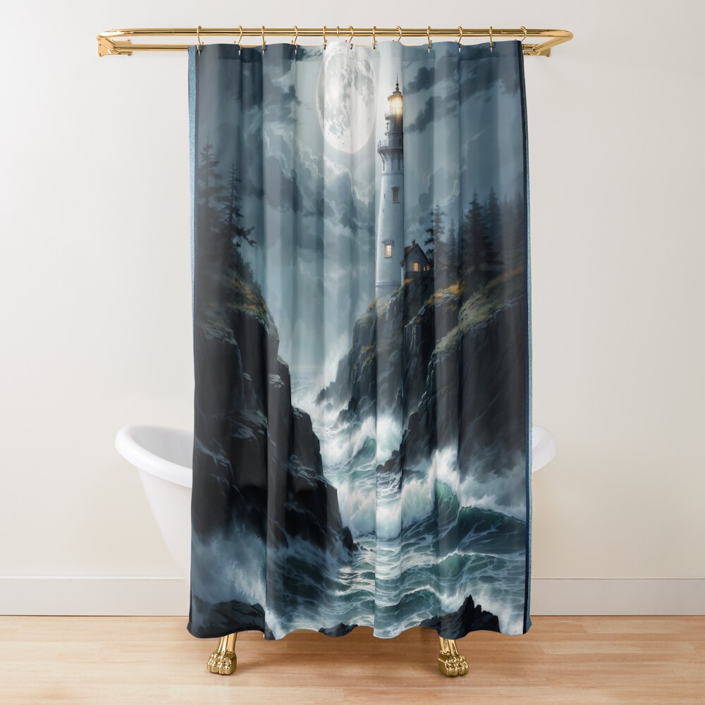 The Sentinel Of The Coast Amidst Moonlit Stormy Seas Captivating AI Concept Art by Xzendor7 Decorative Art Print Shower Curtain