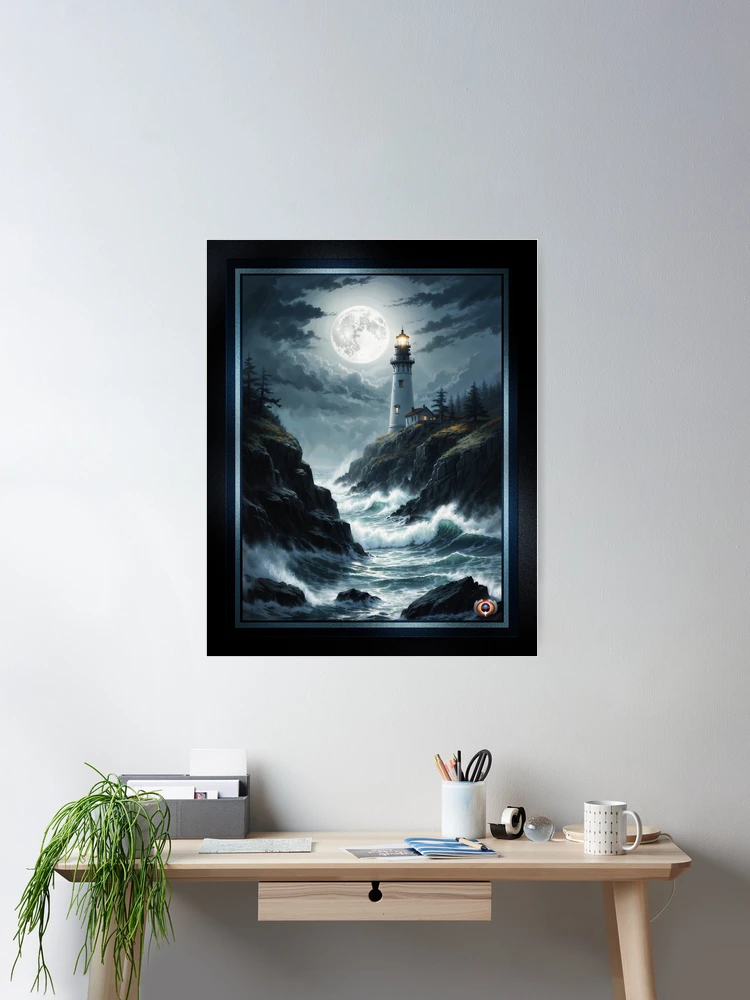 The Sentinel Of The Coast Amidst Moonlit Stormy Seas Captivating AI Concept Art by Xzendor7 Wall Decor Poster Art Print