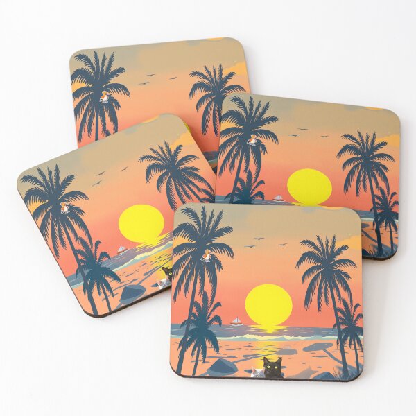 Item preview, Sunny cyber-tropical paradise: Neon aesthetics of Palm Beach with cute kittens. designed and sold by Felia001.