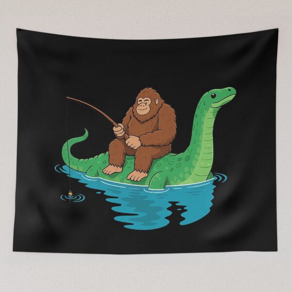 Item preview, Bigfoot Fishing on Loch Ness Monster Cartoon Design designed and sold by Uglyandcute.
