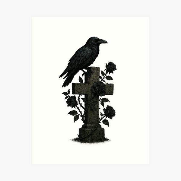 Item preview, Dark aesthetic illustration of a raven perched on a graveyard cross entwined with black roses on transparent background designed and sold by optimusprime39.