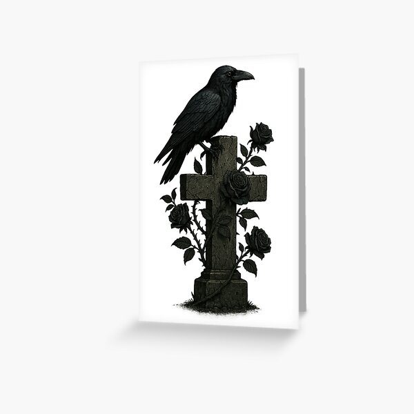Item preview, Dark aesthetic illustration of a raven perched on a graveyard cross entwined with black roses on transparent background designed and sold by optimusprime39.