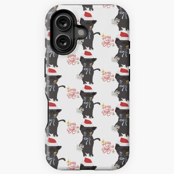 Item preview, Christmas Theme Merry Christmas Black Cat – Cute Kitty with Santa Hat and Flowers designed and sold by Miza Drops.