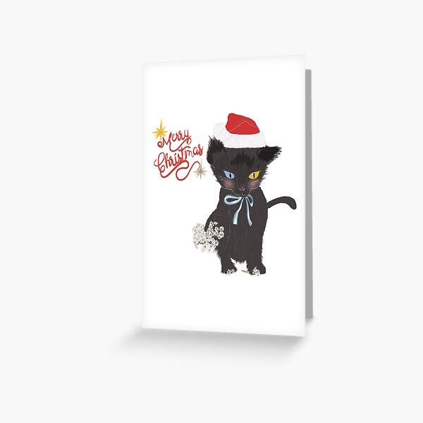 Item preview, Christmas Theme Merry Christmas Black Cat – Cute Kitty with Santa Hat and Flowers designed and sold by Miza Drops.