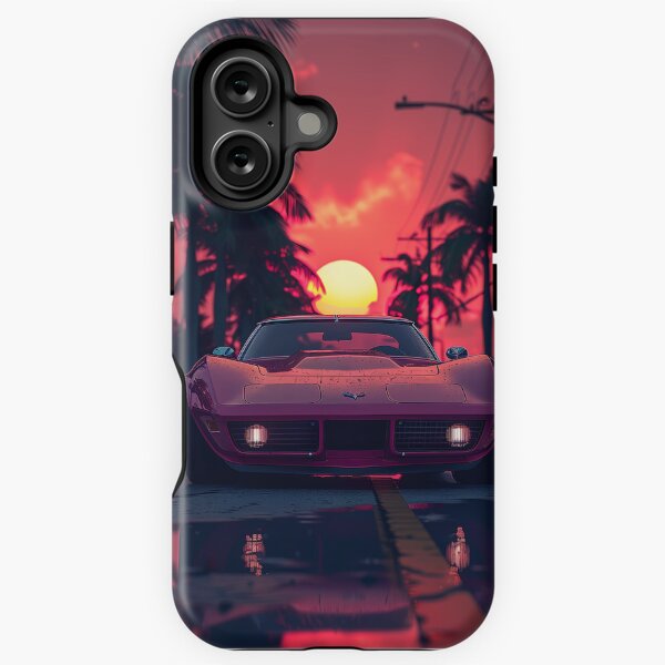 Vista previa del artículo con la obra «Corvette retro al atardecer: escena de coches vaporwave de los 70 con palmeras de neón y funda para iPhone con estética miamense», diseñado y vendido por 1stickerworld.
