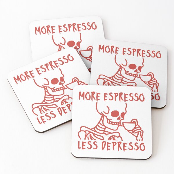 Item preview, More Espresso Less Depresso, Skeleton Drinking Coffee, Skull Drinking Coffee, Red designed and sold by anghelapparel.
