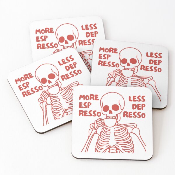 Item preview, More Espresso Less Depresso, Skeleton Drinking Coffee, Skull Drinking Coffee, Red designed and sold by anghelapparel.