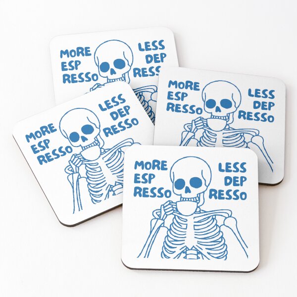 Item preview, More Espresso Less Depresso, Skeleton Drinking Coffee, Skull Drinking Coffee, Blue designed and sold by anghelapparel.