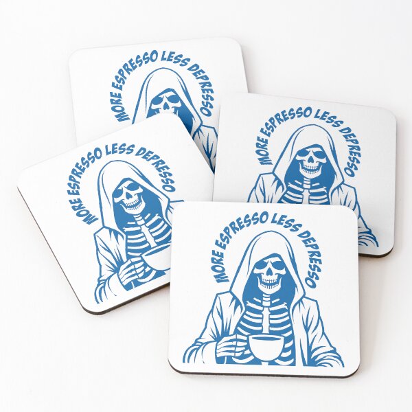 Item preview, More Espresso Less Depresso, Grim Reaper Drinking Coffee, Skeleton Drinking Coffee, Blue designed and sold by anghelapparel.