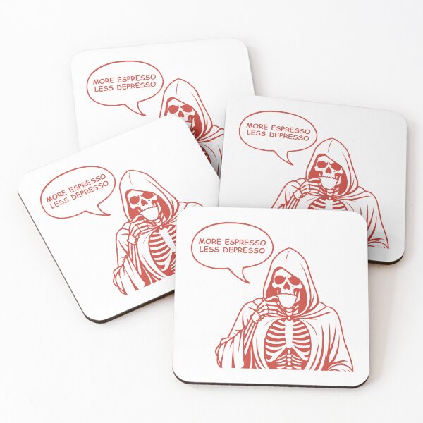 Item preview, More Espresso Less Depresso, Grim Reaper Drinking Coffee, Skeleton Drinking Coffee, Red designed and sold by anghelapparel.
