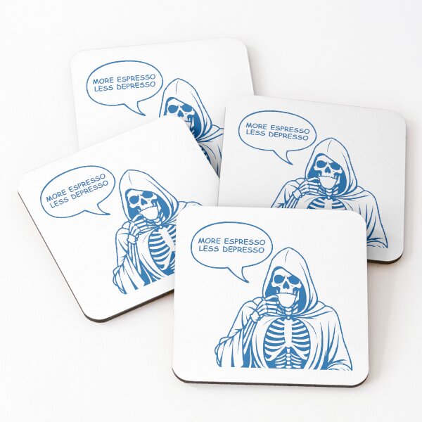 Item preview, More Espresso Less Depresso, Grim Reaper Drinking Coffee, Skeleton Drinking Coffee, Blue designed and sold by anghelapparel.