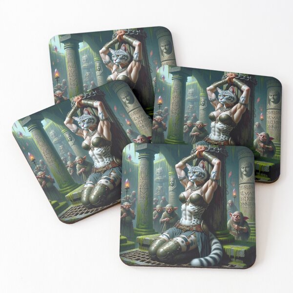 Item preview, Anthro cat warrior girl tied to a pillar fantasy art designed and sold by Vintage Designs +.