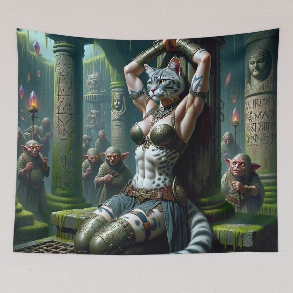 Item preview, Anthro cat warrior girl tied to a pillar fantasy art designed and sold by Vintage Designs +.