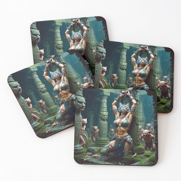 Item preview,  Anthro cat warrior girl tied to a pillar fantasy art designed and sold by Vintage Designs +.