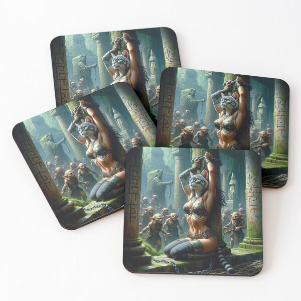 Item preview, Anthro cat warrior girl tied to a pillar fantasy art designed and sold by Vintage Designs +.
