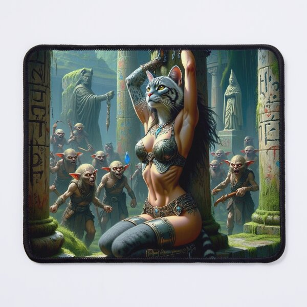 Item preview, Anthro cat warrior girl tied to a pillar fantasy art designed and sold by Vintage Designs +.