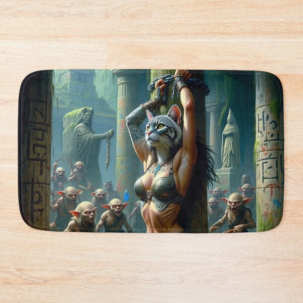 Item preview, Anthro cat warrior girl tied to a pillar fantasy art designed and sold by Vintage Designs +.
