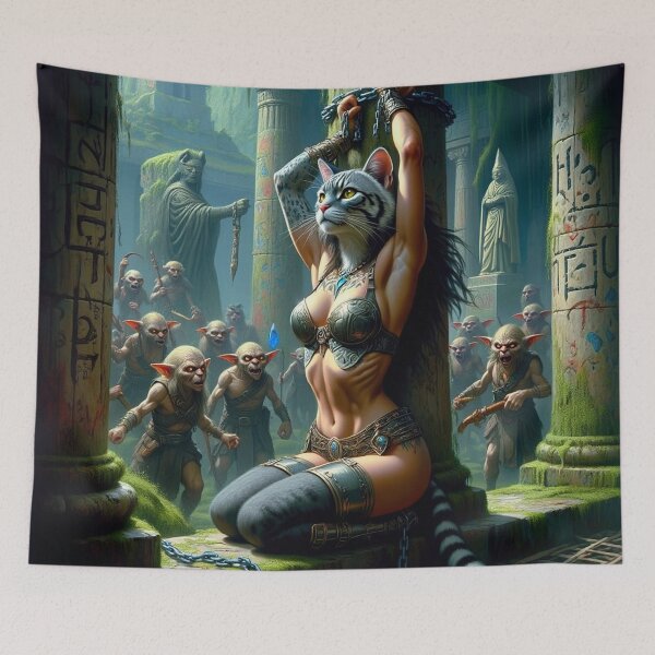 Item preview, Anthro cat warrior girl tied to a pillar fantasy art designed and sold by Vintage Designs +.