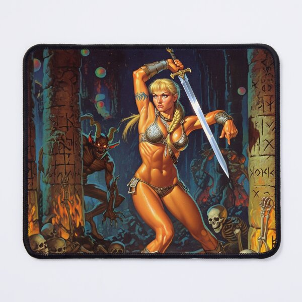 Item preview, Fantasy RPG artwork Red Haired Warrior woman swinging her enchanted sword designed and sold by Vintage Designs +.