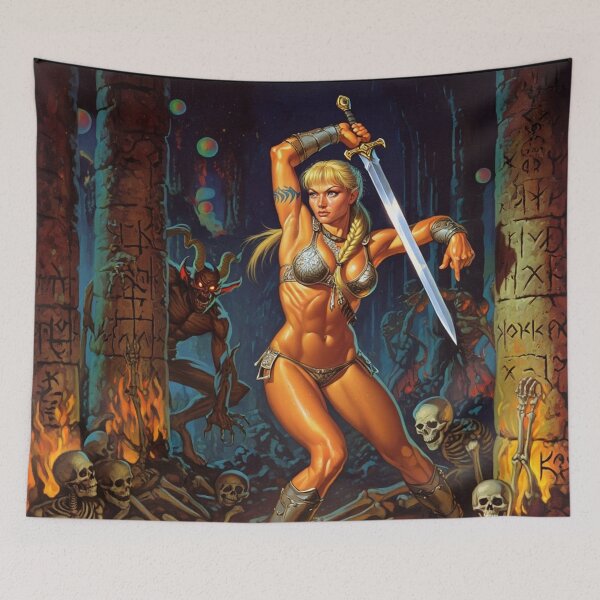 Item preview, Fantasy RPG artwork Red Haired Warrior woman swinging her enchanted sword designed and sold by Vintage Designs +.