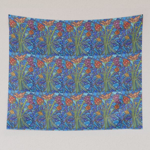 Item preview, Stained Glass Flowers with Deep Blue Background designed and sold by lisavonbiela.