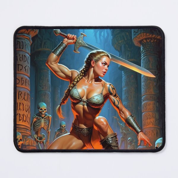 Item preview, Fantasy RPG artwork Red Haired Warrior woman swinging her enchanted sword designed and sold by Vintage Designs +.