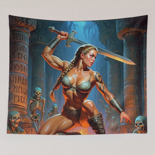 Item preview, Fantasy RPG artwork Red Haired Warrior woman swinging her enchanted sword designed and sold by Vintage Designs +.