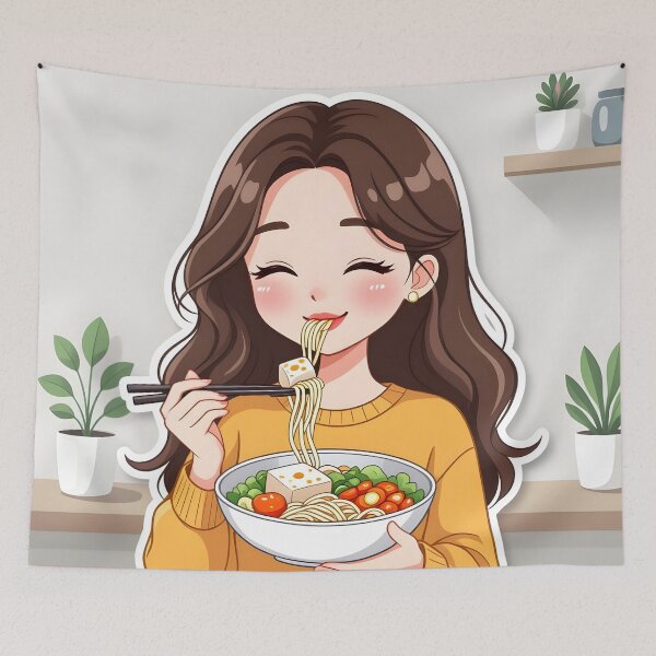 Item preview, Woman  illustration eating tofu with noodles and vegetables designed and sold by simaso.