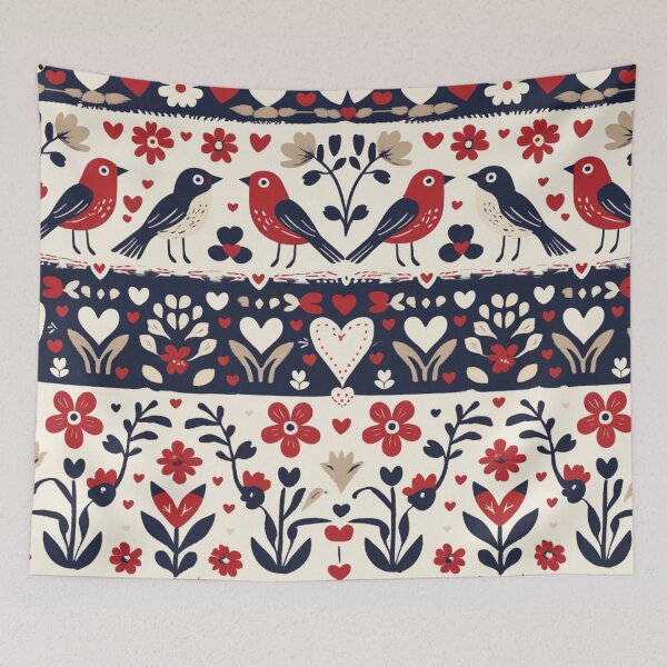 Item preview, Scandinavian folk art pattern with stylized birds, flowers, and hearts designed and sold by KhadijaBatool38.