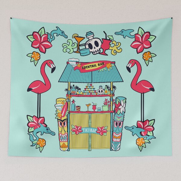 Item preview, Tiki Cocktail Bar Tropical Party Illustration with Totems & Flamingo designed and sold by Webstudio  2Amigos.