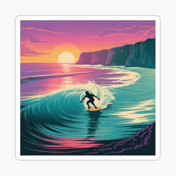 Aperçu de l'œuvre Coucher de soleil sur le surf d'Uluwatu - Bali Paradise Sticker créée et vendue par Timeless Design.