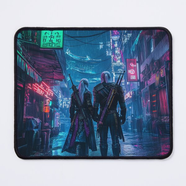 Artikelvorschau, Regen zwischen Klingen – Ciri & Geralt in Cyberpunk Seoul entworfen und verkauft von Bap & Brew Studio.