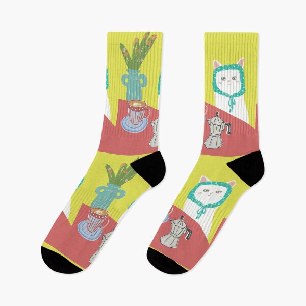 Item preview, Cat with scarf who make coffee for herself, yellow background designed and sold by ElmLenonn.
