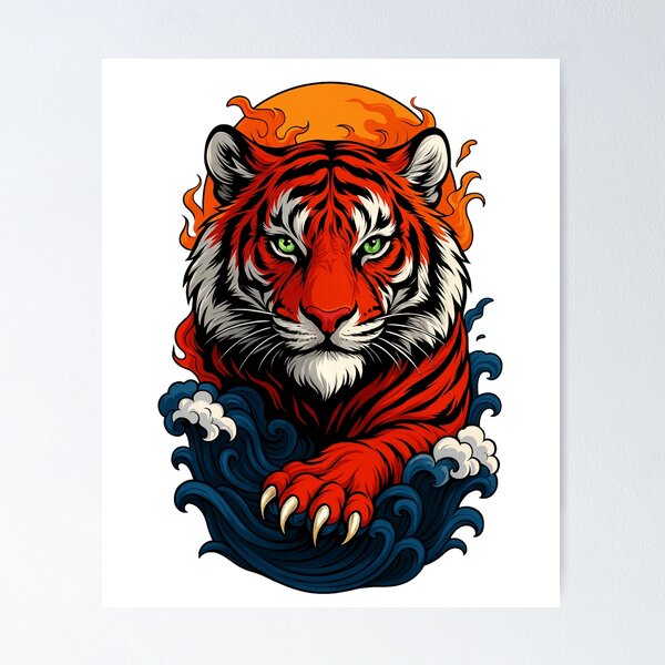 Item preview, Blaze Tiger – Fiery Red Tiger with Storm Waves Illustration designed and sold by ColorSplash123.