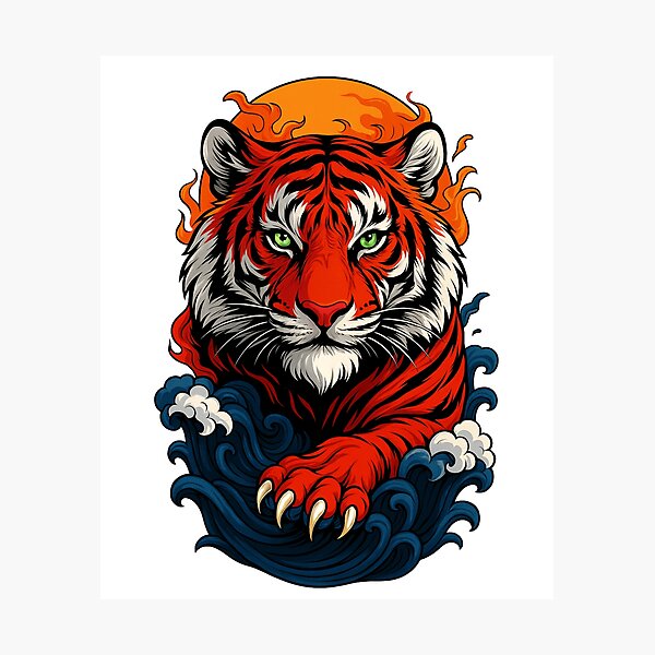 Item preview, Blaze Tiger – Fiery Red Tiger with Storm Waves Illustration designed and sold by ColorSplash123.