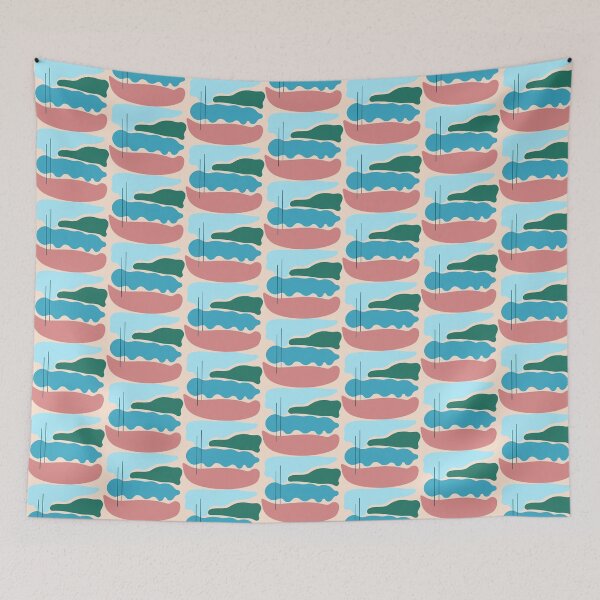 Item preview, Abstract landscape in shades of blue, green, brick pink designed and sold by strokes and splashes.