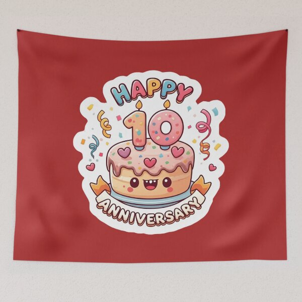 Item preview, Kawaii 10th Happy Anniversary Cake Illustration designed and sold by PrintBreeze.