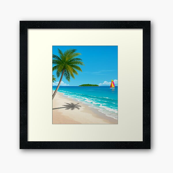 Aperçu de l'œuvre Magnifique Plage Tropicale avec Voilier et Palmiers créée et vendue par Drawingshirts.