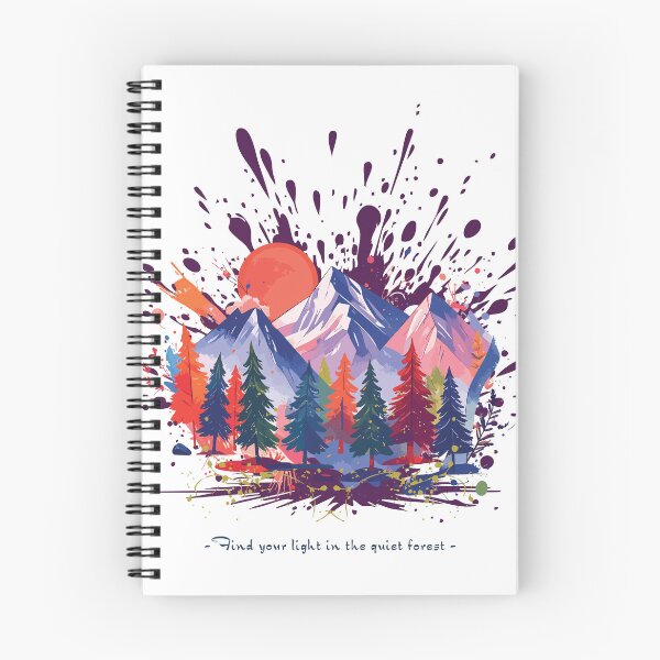 Aperçu de l'œuvre Éclaboussures colorées derrière de hautes montagnes entre les arbres créée et vendue par OooPstudio.