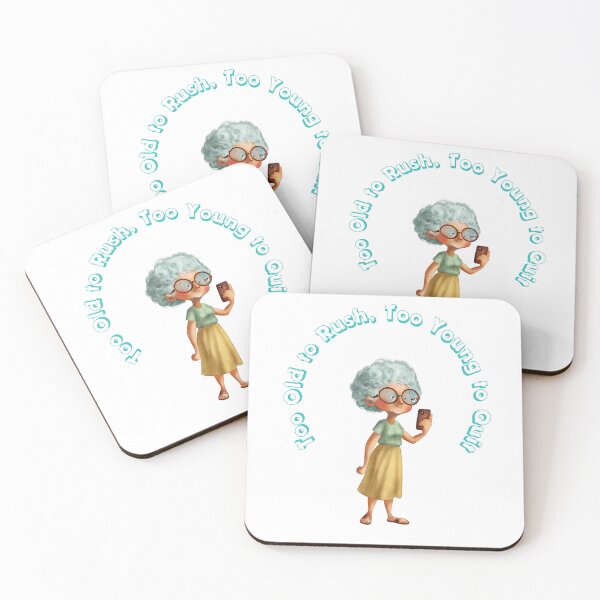 Item preview, Elderly character holds smartphone in playful illustration, displaying a lighthearted quote about age and experience designed and sold by Ms. Iryna.