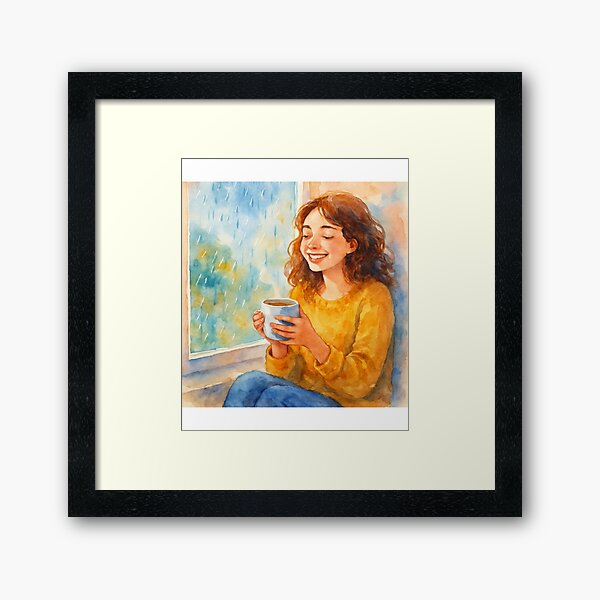 Aperçu de l'œuvre Joie Pluvieuse : Café et SourireRainy Day Joy: Café et Sourire créée et vendue par Drawingshirts.