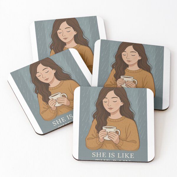 Item preview, She Is Like the Rain – Coffee in the Rain Girl Illustration Elle est comme la pluie – Illustration d’une fille avec café sous la pluie designed and sold by Drawingshirts.