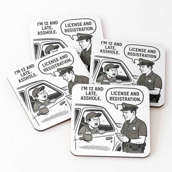 Item preview, Funny Kid Driver Comic – “I’m 12 and Late” Sarcastic Police Cartoon designed and sold by REIBER AI.