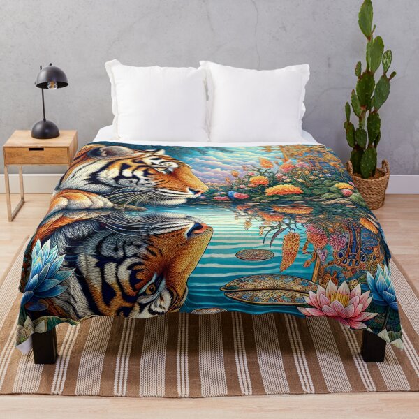 Item preview, Golden Hour Tiger and Lotus Pond, Surreal Wildlife Art designed and sold by Artistic Gift Print.