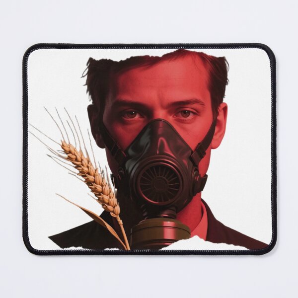Item preview, Man in Black Gas Mask with Red Light and Wheat Stalk in Foreground designed and sold by Creative88Art.