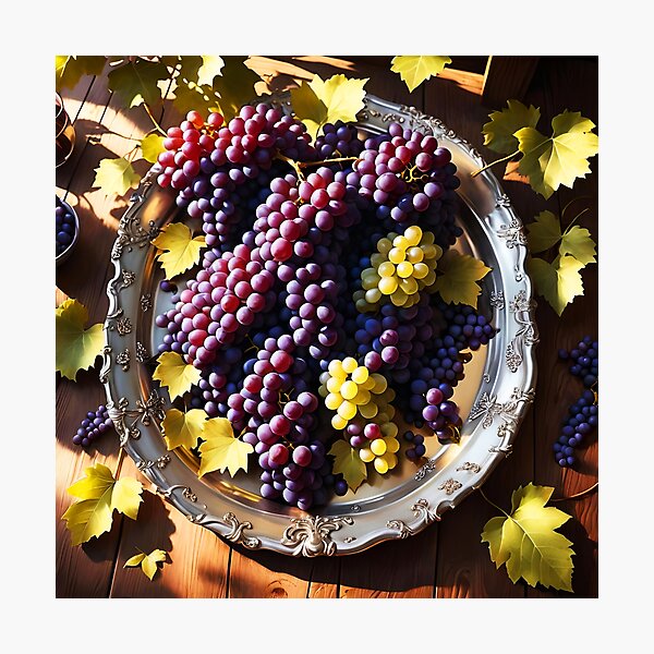 Item preview, Purple Grapes on Silver Tray – Elegant Overhead Still Life designed and sold by EmeraldeaArt.