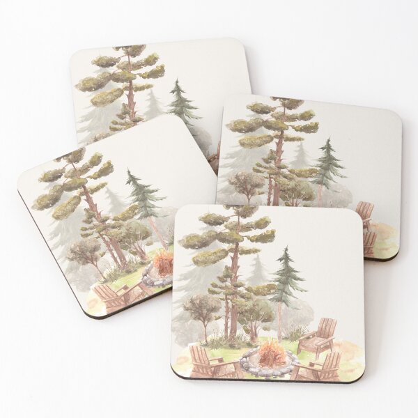 Item preview, watercolour campfire scene with pine trees   designed and sold by jessicaleah15.