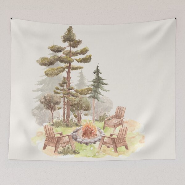Item preview, watercolour campfire scene with pine trees   designed and sold by jessicaleah15.