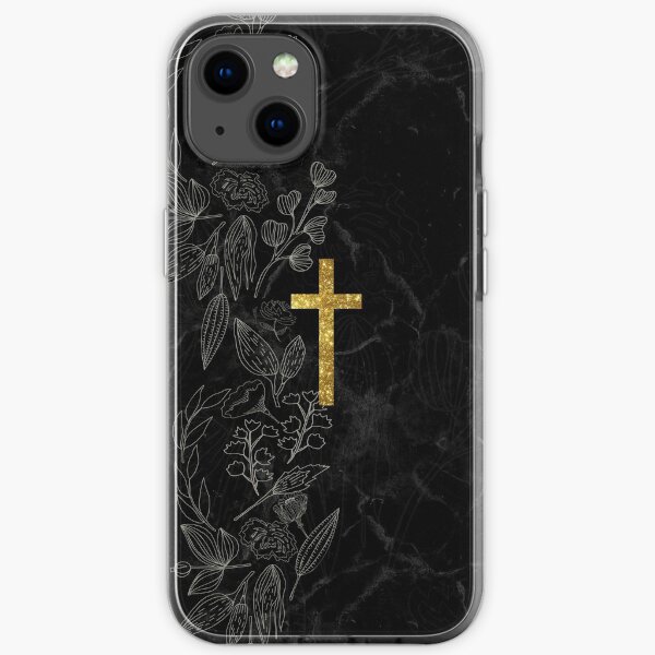 Croix chrétienne symbole Design - marbre noir et or Coque souple iPhone