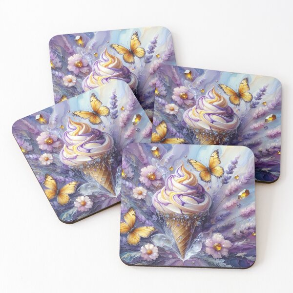 Item preview, Vanilla Dream Cone with Lavender Swirls and Yellow Butterflies – Fantasy Dessert Art designed and sold by EmeraldeaArt.